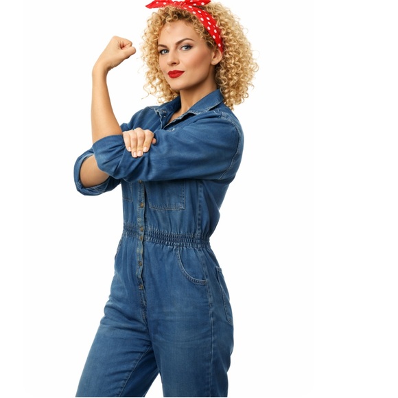 Vintage Denim - Blue denim 3/4 short sleeve vintage zipper front jumpsuit size small by Dreams